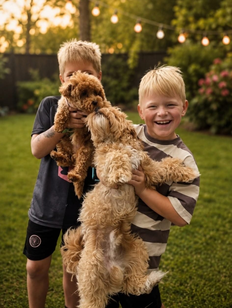 Twee jongens die lachend de hondjes van Kleine Pootjes vasthouden in de tuin