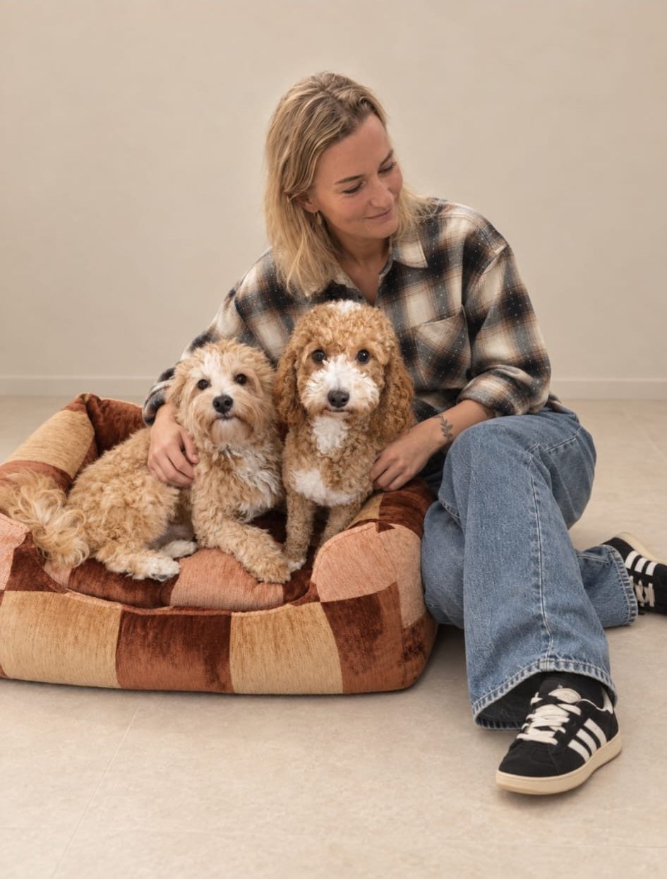 Manon met twee hondjes op een hondenmand